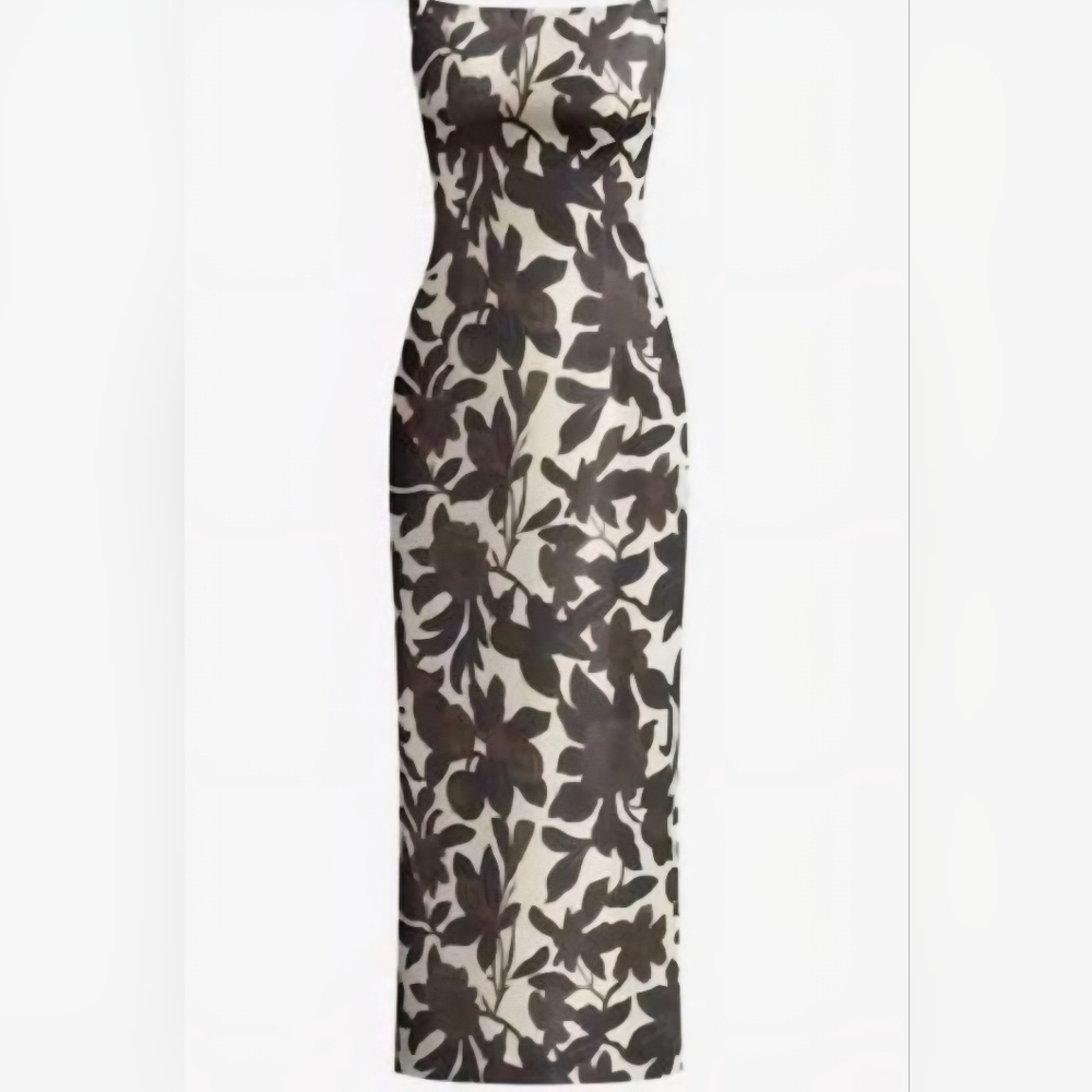 Commense Brown Floral on Cream Sleeveless Midi Dress